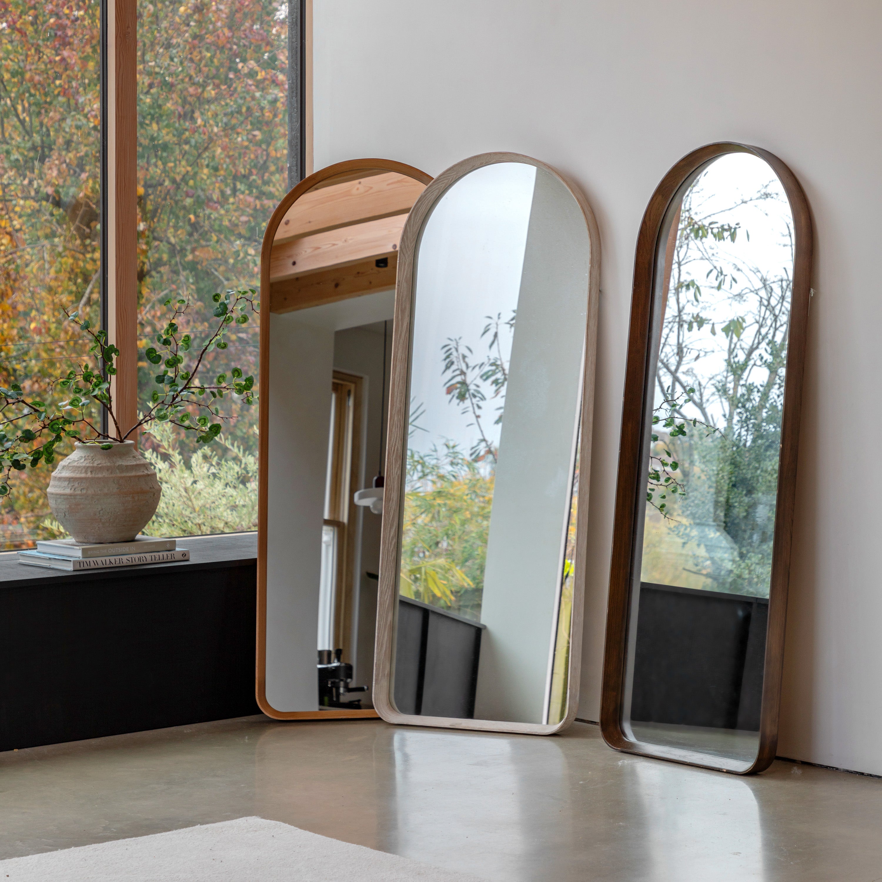 Helsinki Arch Leaner Mirror Walnut - detail and lifestyle view 5
