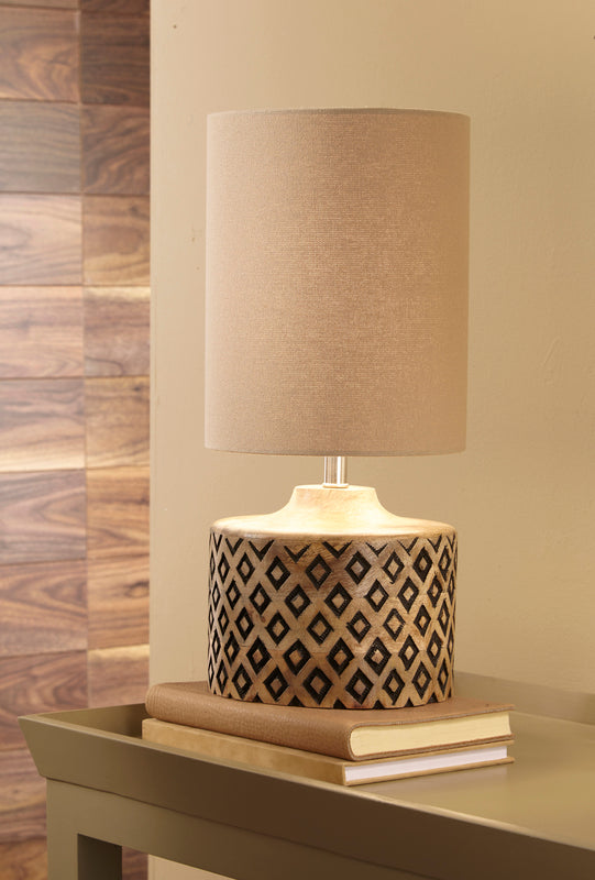 MAGNUS Diamond-Carved Wood Table Lamp – Tall Taupe Shade | malletandplane.com