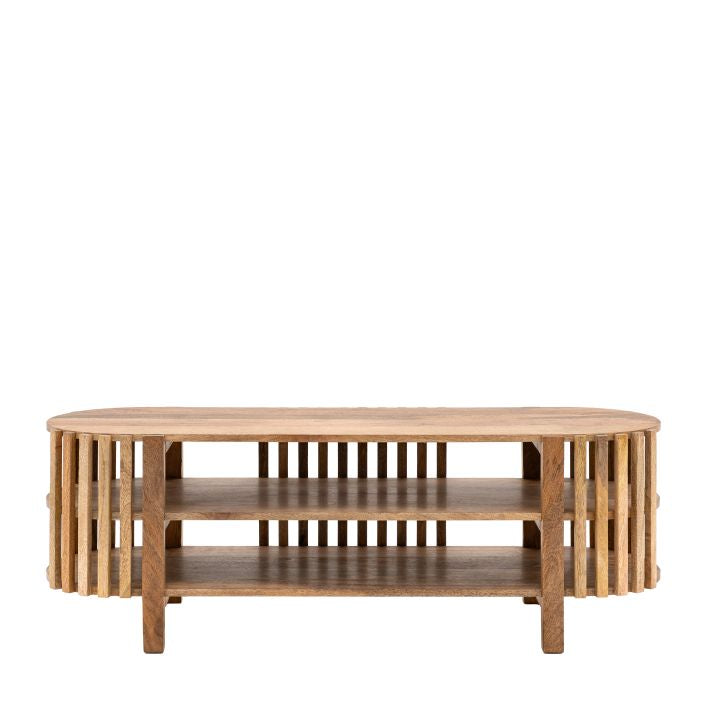 Voss solid mango wood slatted TV stand with storage | malletandplane.com