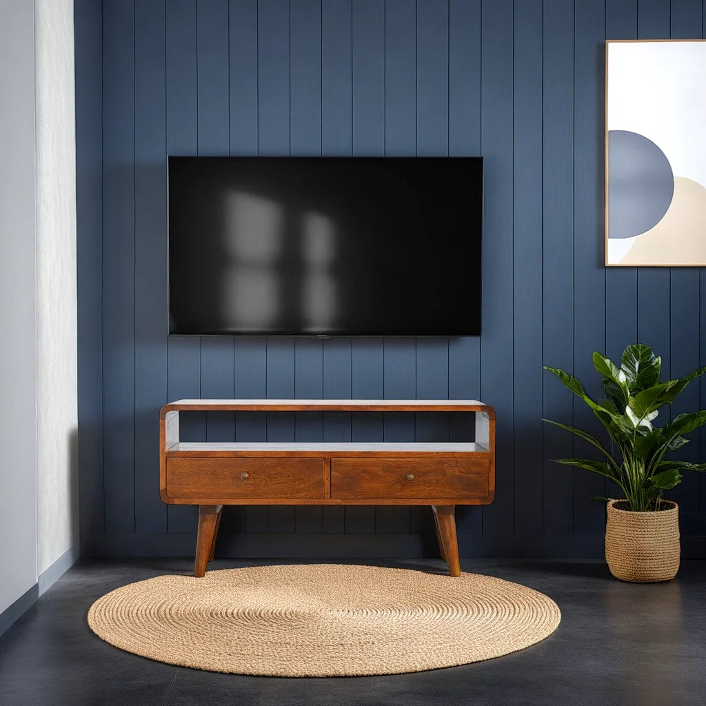 Century handmade wooden TV stand with 2 drawers in deep chestnut finish | malletandplane.com