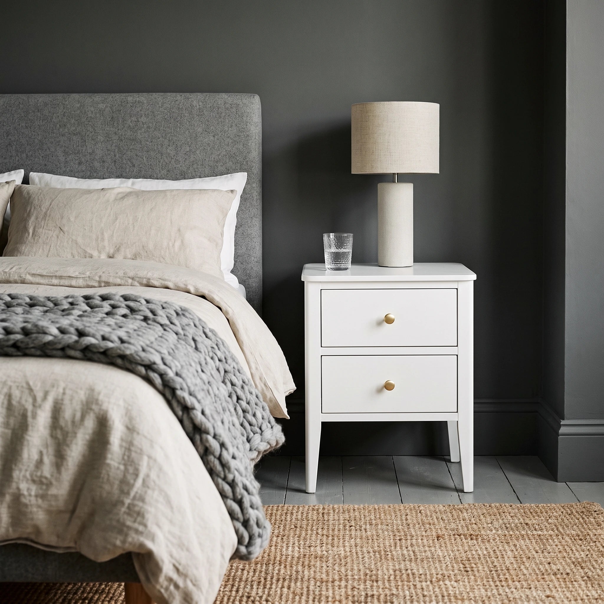 Modern White Bedside Table with 2 Drawers | Gold Handle Nightstand