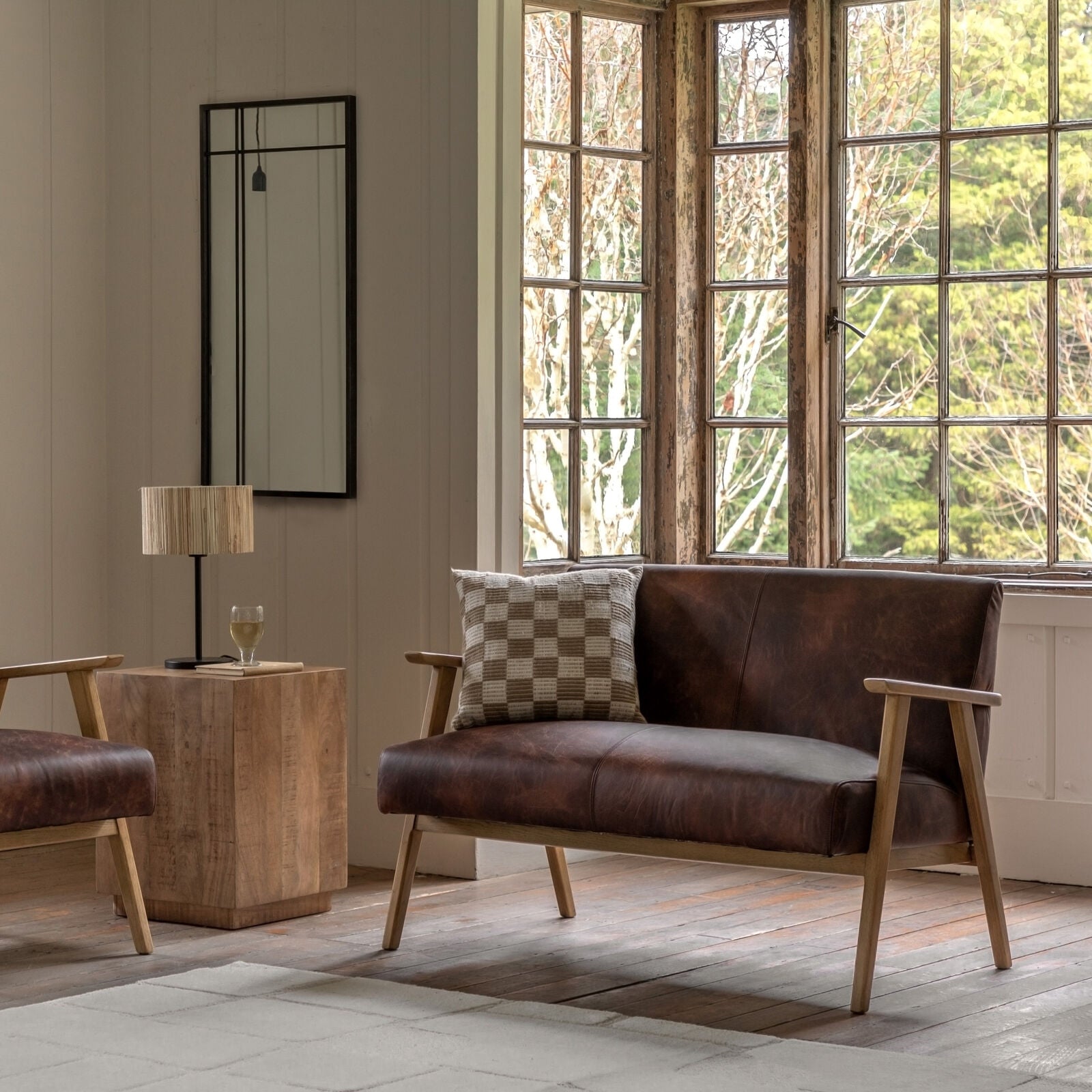 Barret mid century style 2 seat sofa in vintage brown leather with solid ash frame | malletandplane.com