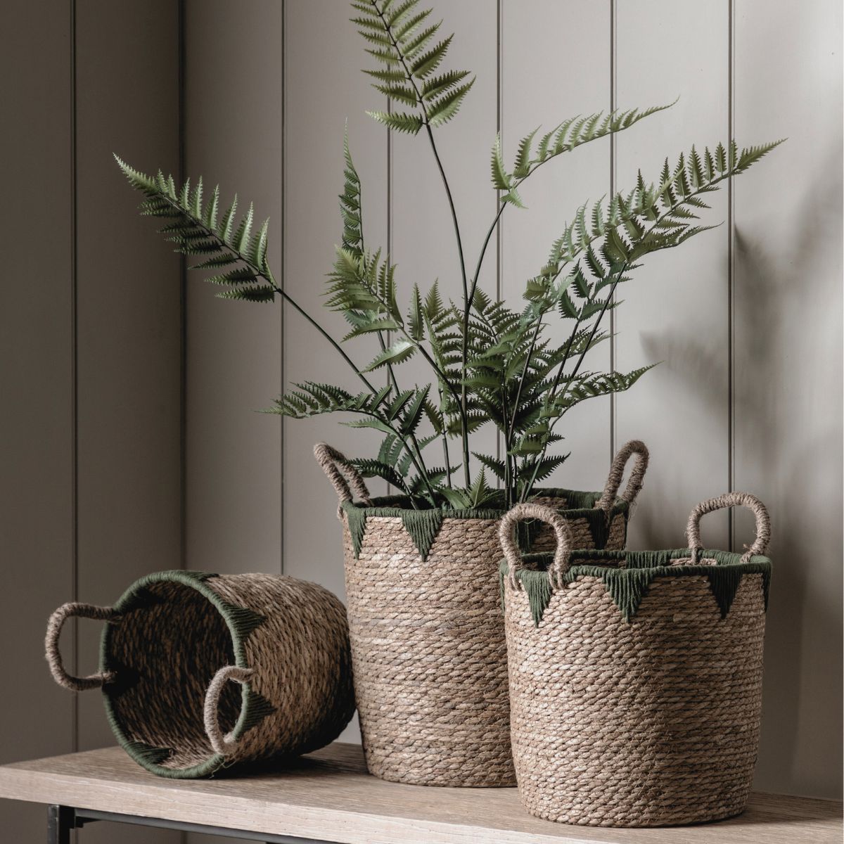 Basil set of 3 handwoven water hyacinth baskets with green stitched detailing | malletandplane.com