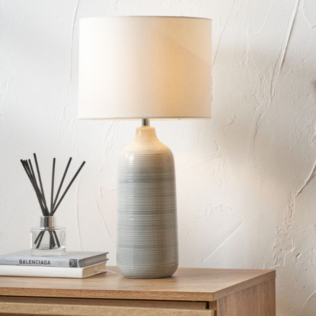 BJORN Blue-Grey Ombre Ceramic Table Lamp – Cream Textured Shade | malletandplane.com