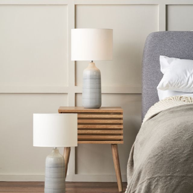 BJORN Blue-Grey Ombre Ceramic Table Lamp – Cream Textured Shade | malletandplane.com