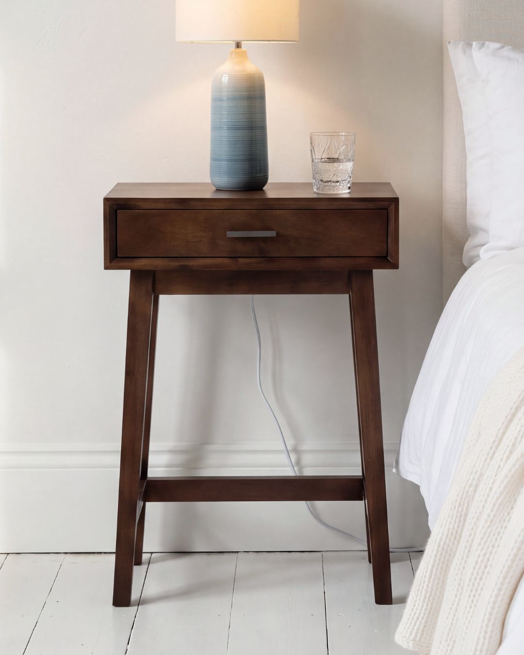 Blake Walnut Bedside Table 66cm Tall 1 Drawer Pine Wood Nightstand