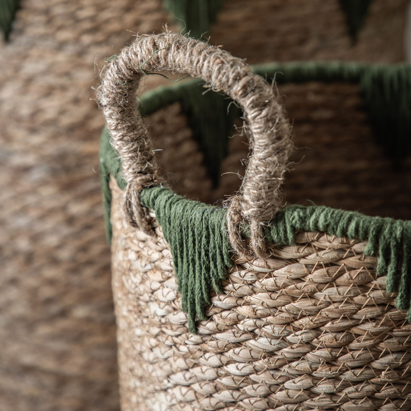 Basil set of 3 handwoven water hyacinth baskets with green stitched detailing | malletandplane.com