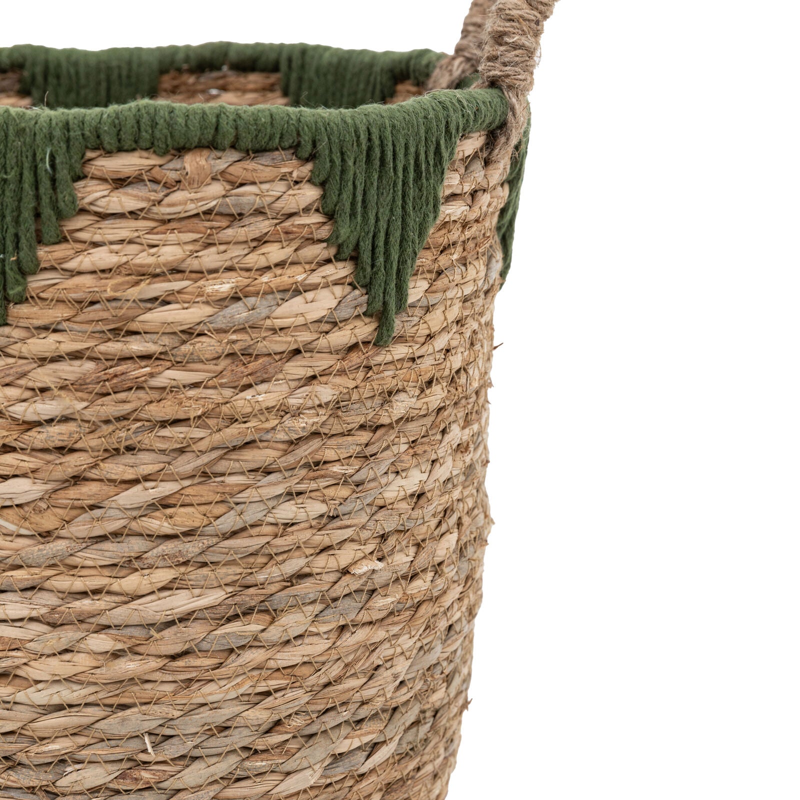 Basil set of 3 handwoven water hyacinth baskets with green stitched detailing | malletandplane.com