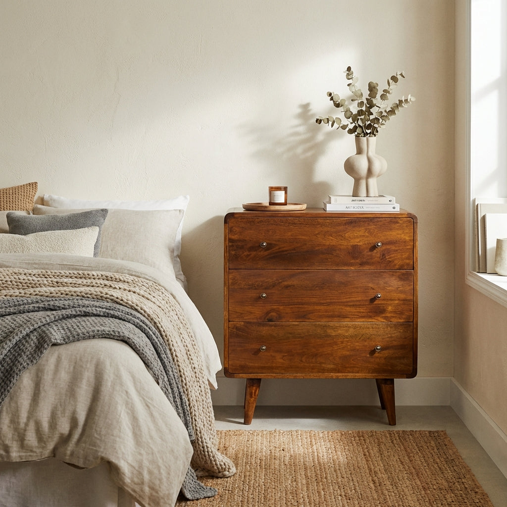 Century handmade solid wood 3 drawer chest of drawers in deep chestnut finish