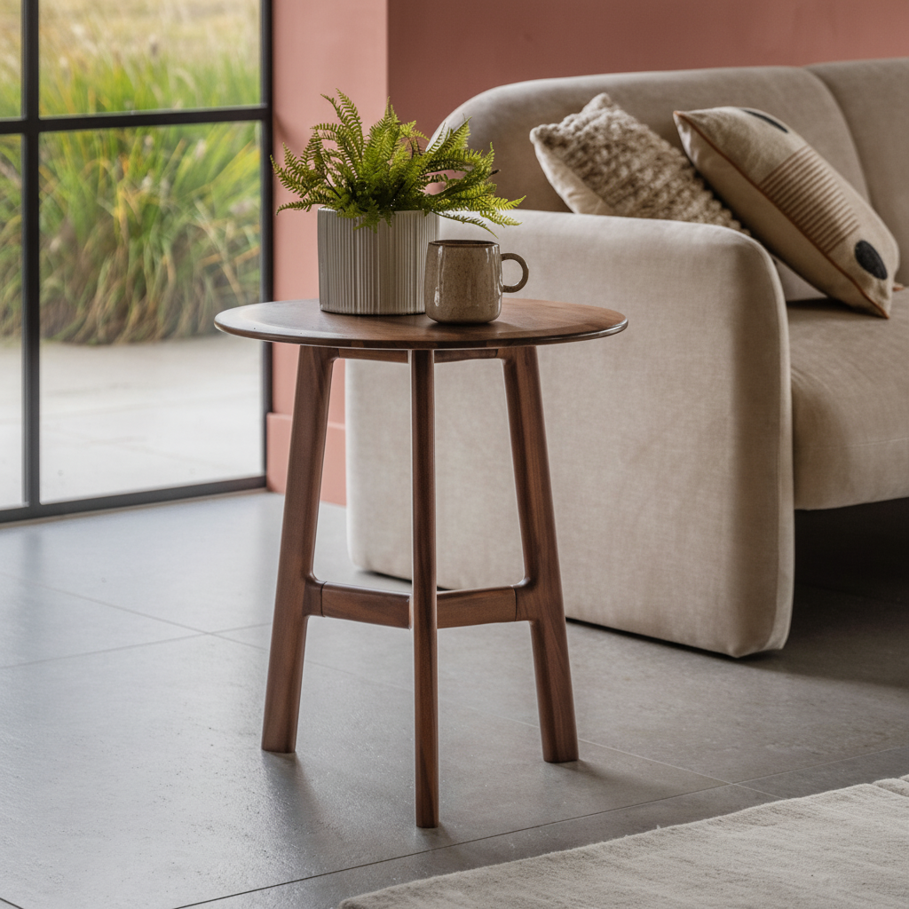 CADIZ walnut round side table with mid-century design
