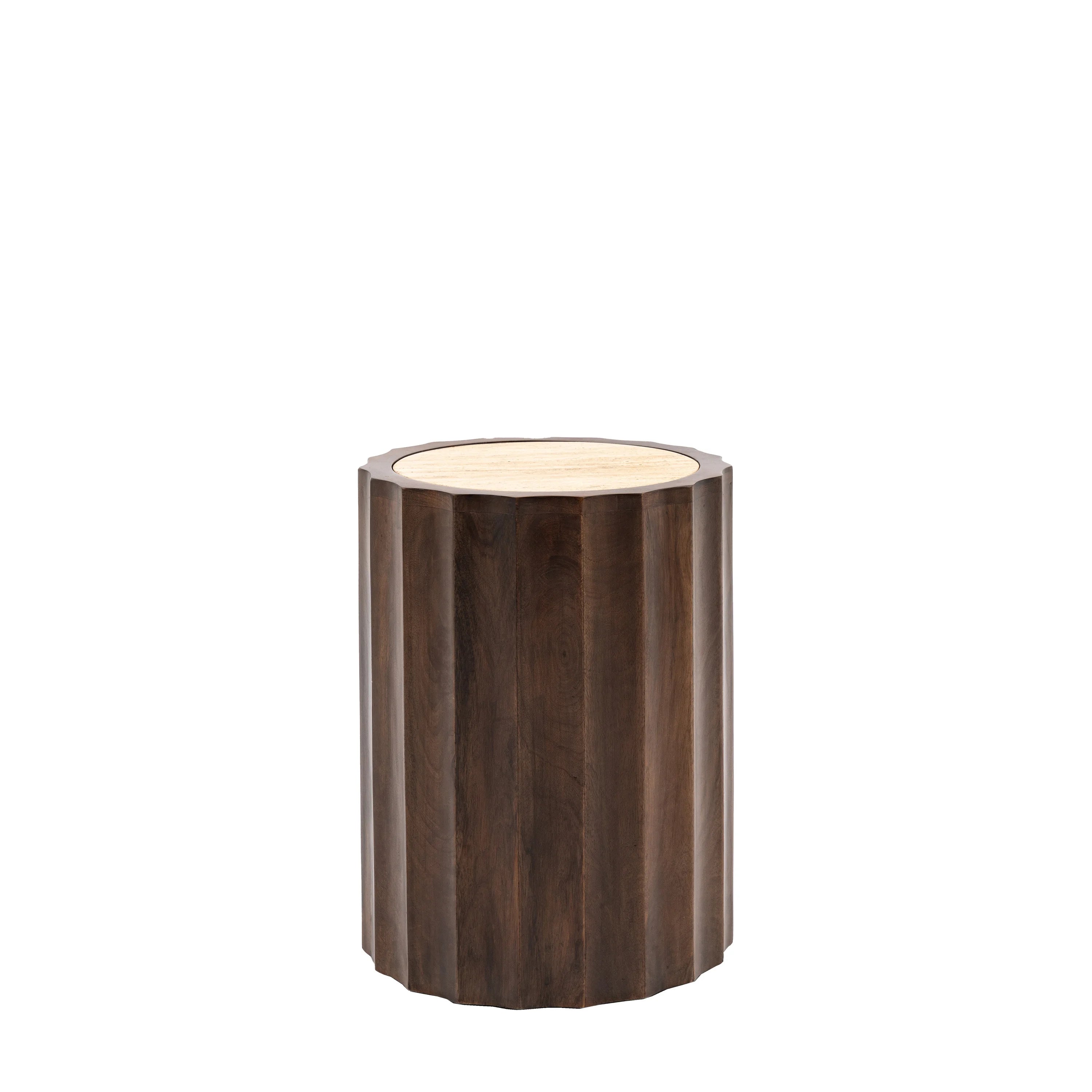 Cascia Round Dark Carved Mango Wood Bedside Table with Travertine Top – 40cm