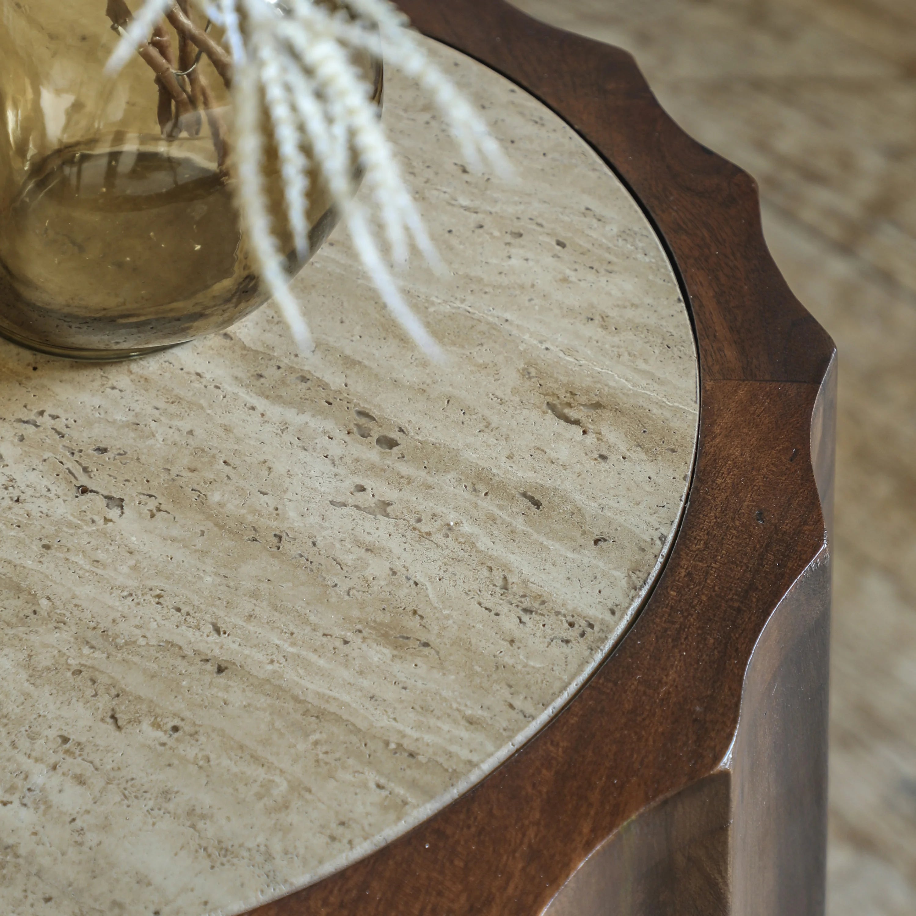 Cascia Round Dark Carved Mango Wood Bedside Table with Travertine Top – 40cm
