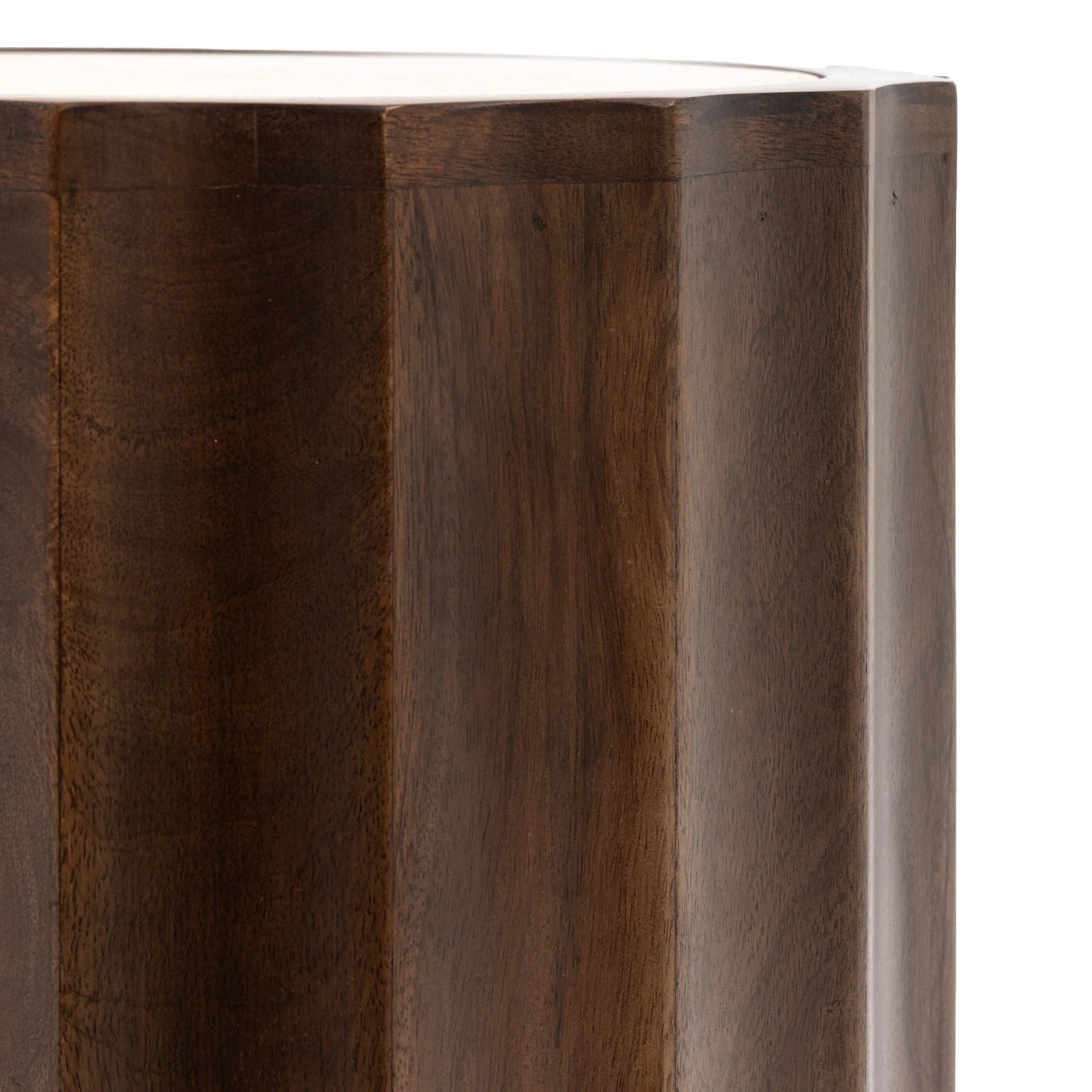 Cascia Round Dark Carved Mango Wood Bedside Table with Travertine Top – 40cm