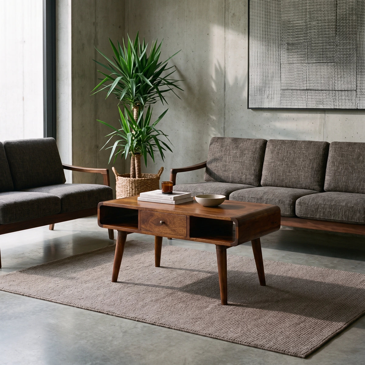 CENTURY Wood Coffee Table in deep chestnut finish with drawers and open storage slots