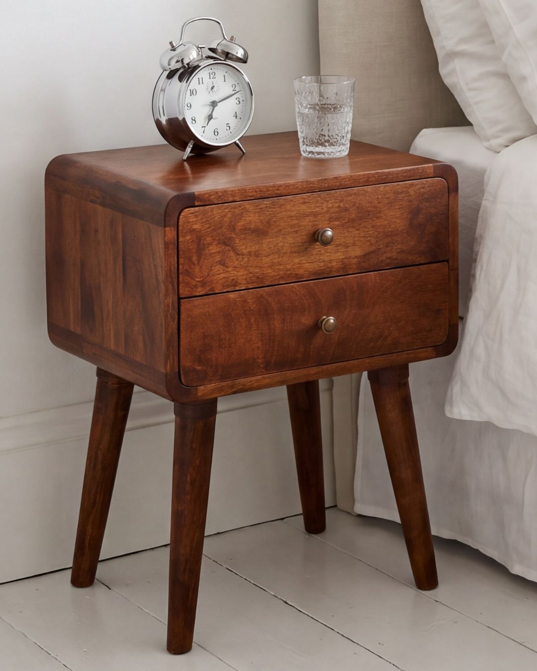 Century solid wood 45cm 2 drawer bedside table in deep chestnut finish