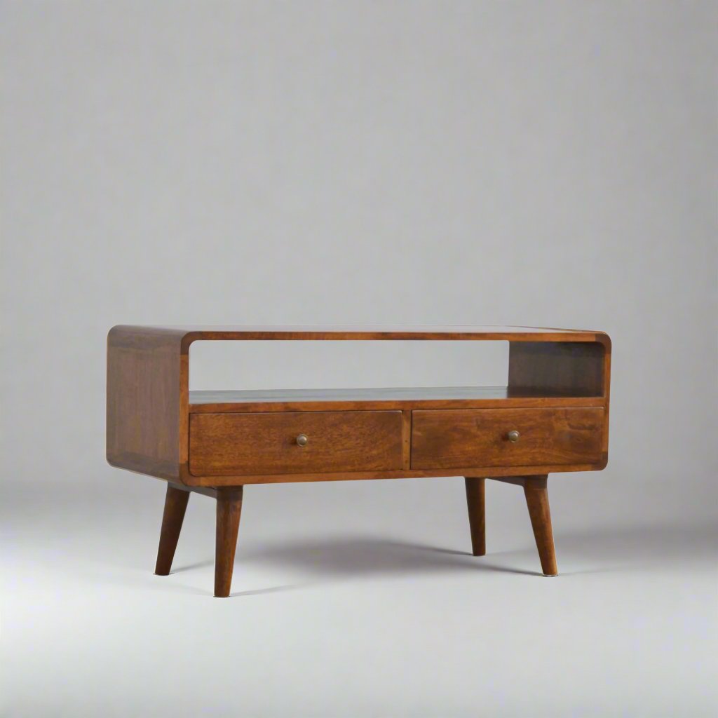 Century handmade wooden TV stand with 2 drawers in deep chestnut finish | malletandplane.com