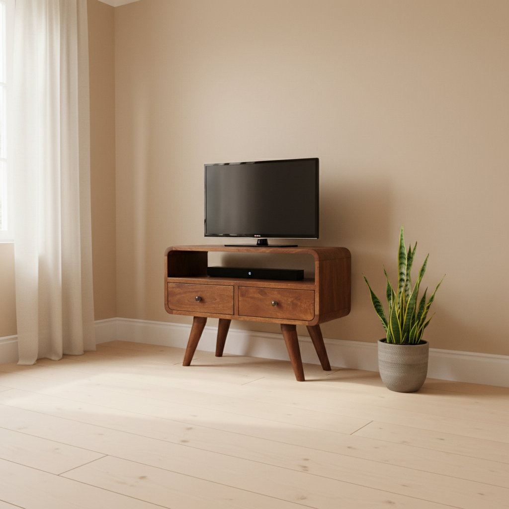 Century mini solid wood TV Stand with 2 drawers and open slot in Deep Chestnut Finish | malletandplane.com