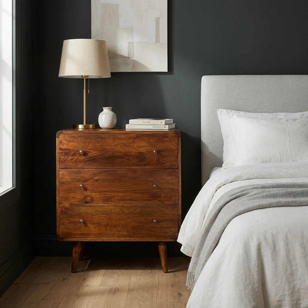 Century handmade solid wood 3 drawer chest of drawers in deep chestnut finish