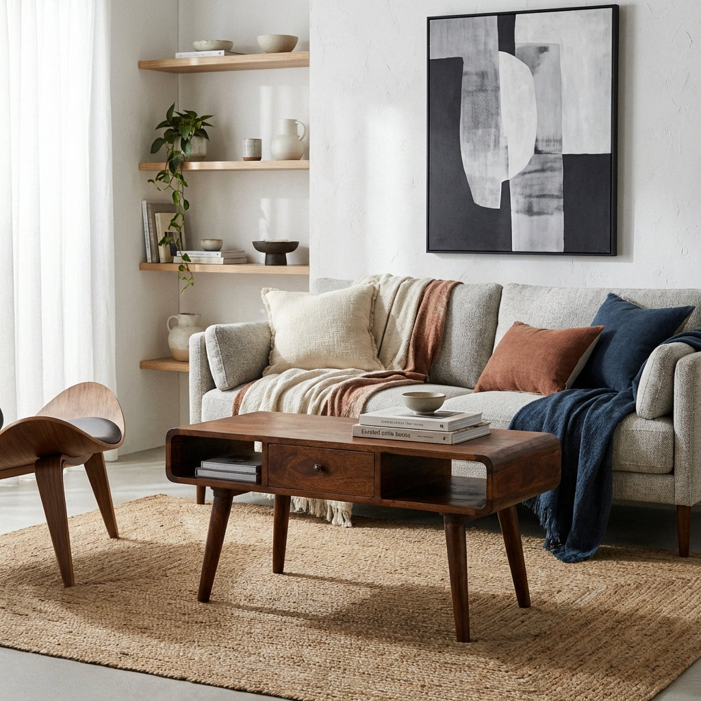 CENTURY Wood Coffee Table in deep chestnut finish with drawers and open storage slots
