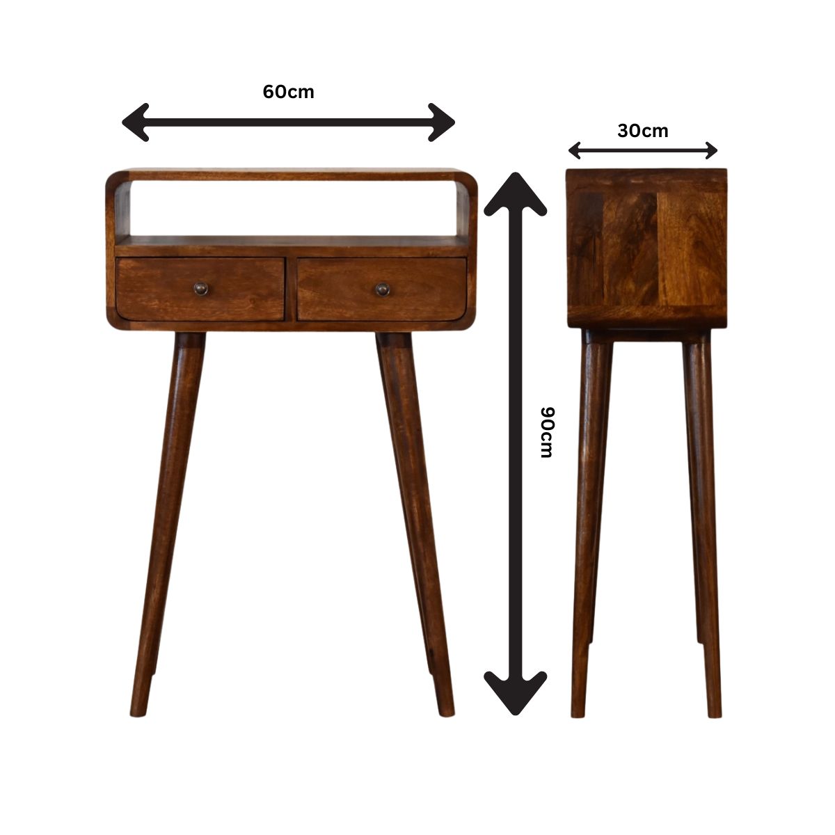 Century Handmade solid wood 2 drawer small console table in deep chestnut finish | malletandplane.com