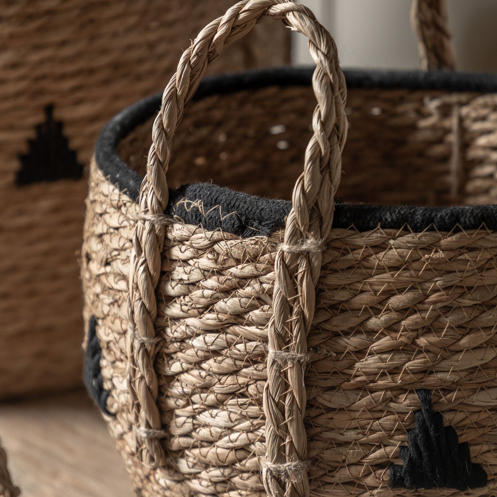 Drum set of 3 handwoven seagrass baskets with black stitched detailing | malletandplane.com