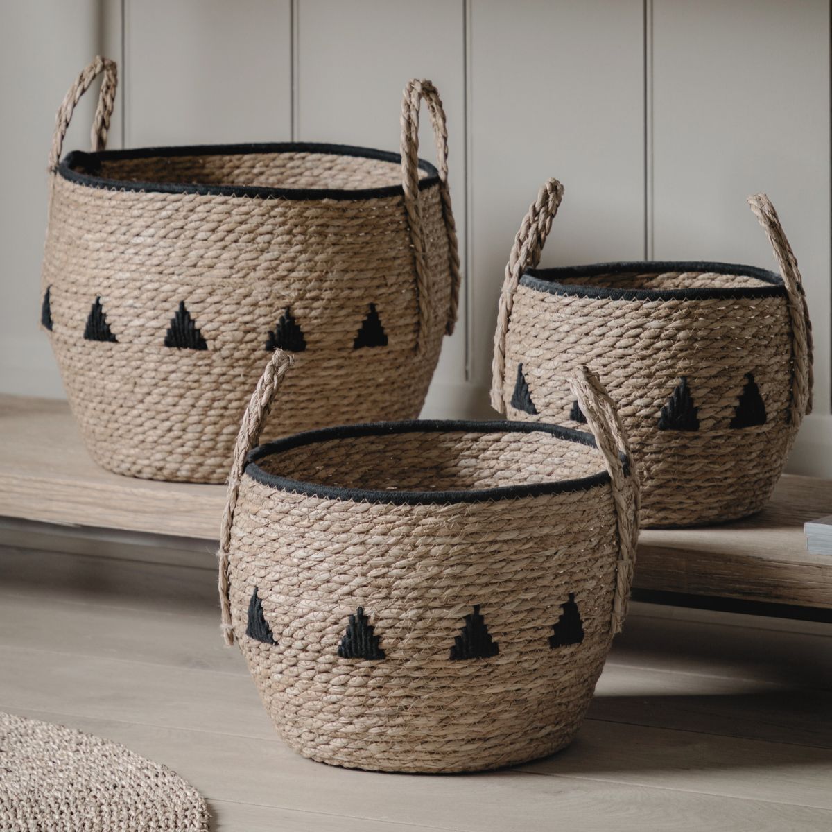 Drum set of 3 handwoven seagrass baskets with black stitched detailing | malletandplane.com