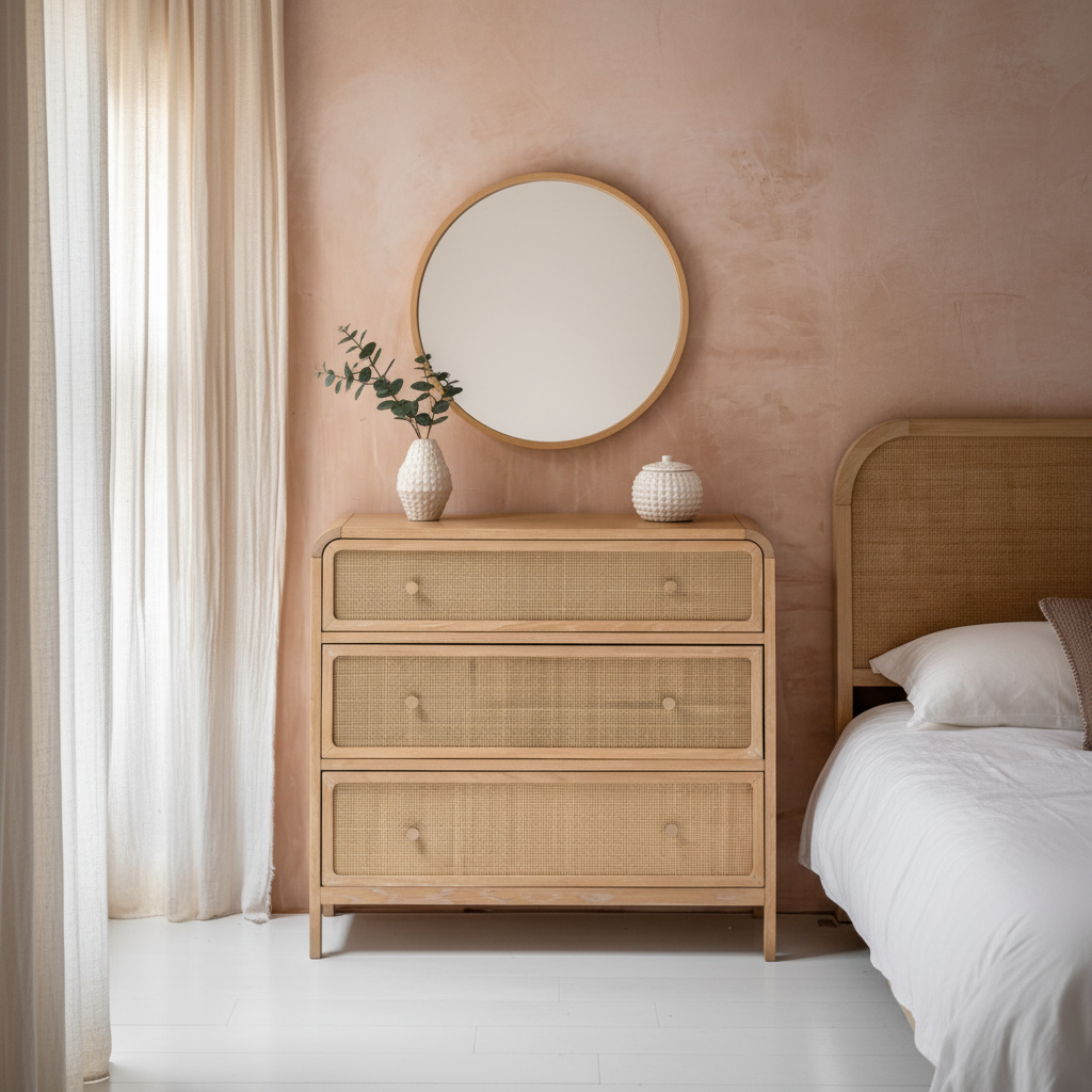 EDDA Oak & Cane 3 Drawer Chest of Drawers