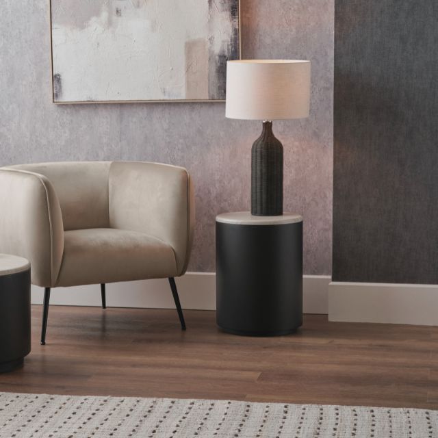 ELIOT Side Table – Marble-Look Top & Black Metal Storage Base | malletandplane.com