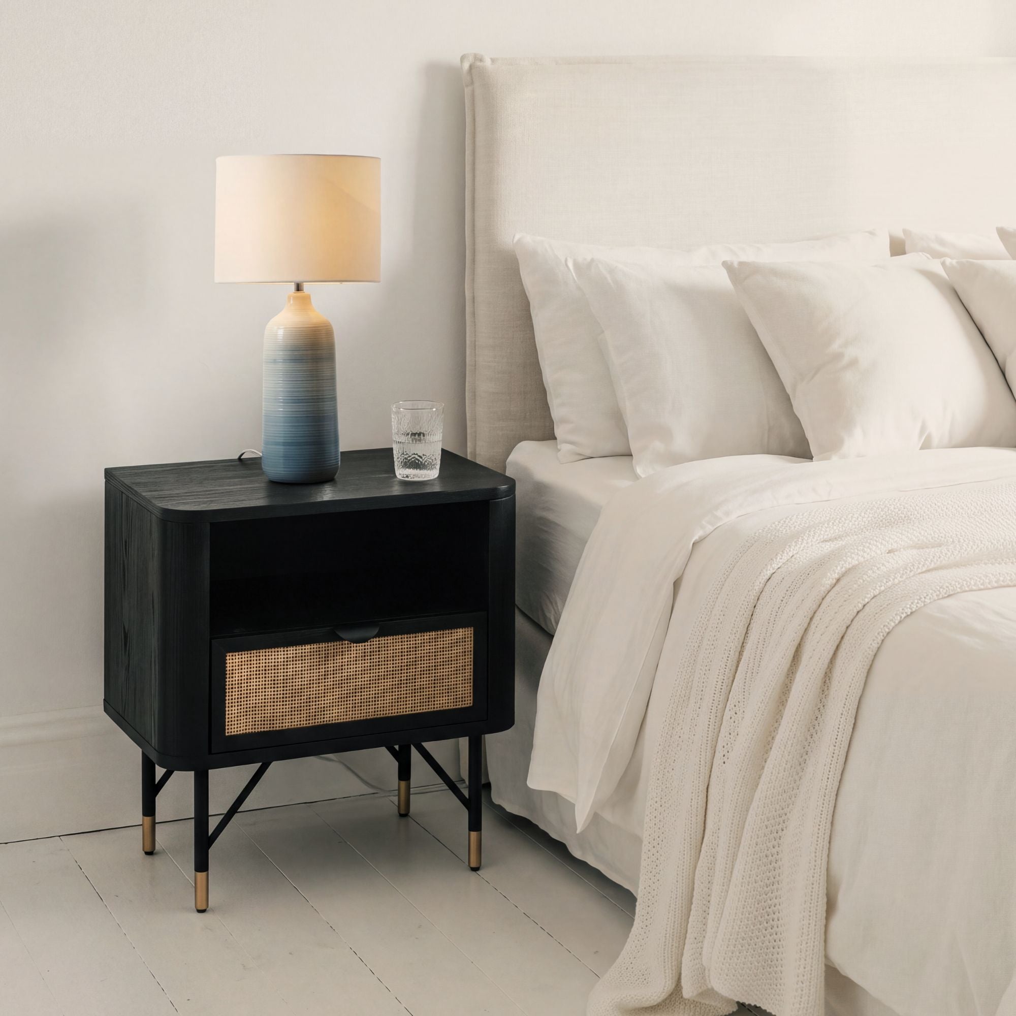 Fiji Black Acacia Wood & Rattan Bedside Table 55cm