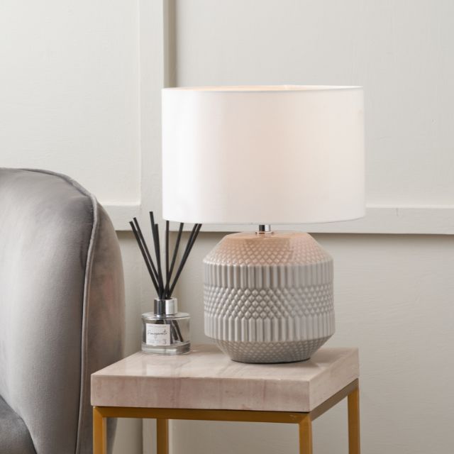 FINN Grey Geo Textured Ceramic Table Lamp – White Shade | malletandplane.com