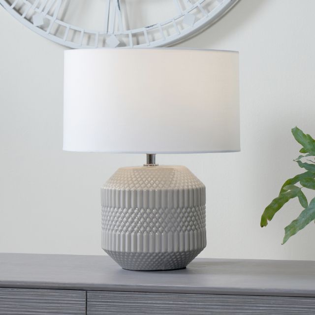 FINN Grey Geo Textured Ceramic Table Lamp – White Shade | malletandplane.com