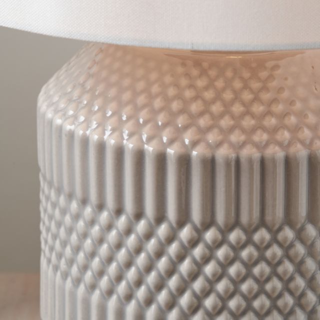FINN Grey Geo Textured Ceramic Table Lamp – White Shade | malletandplane.com