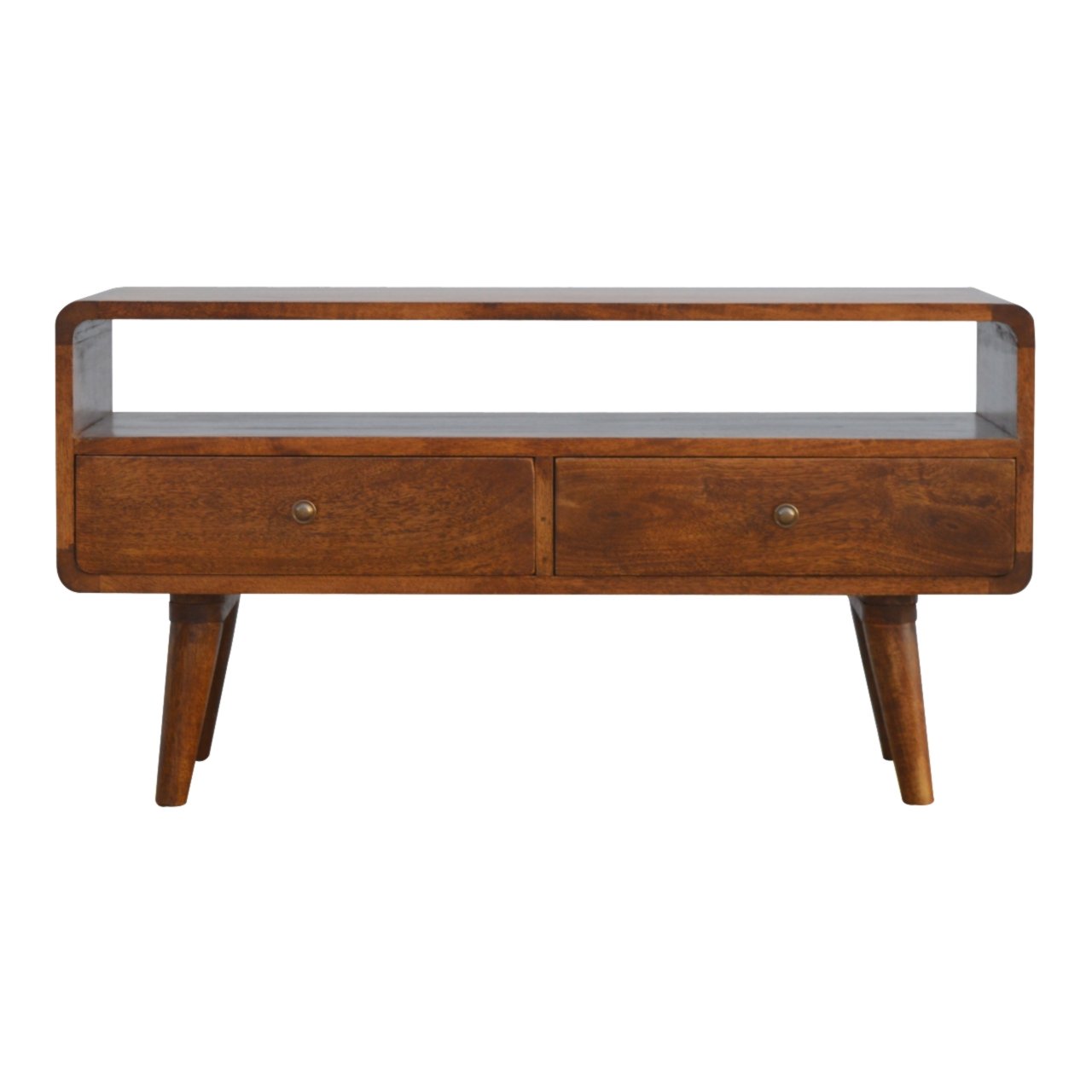Century handmade wooden TV stand with 2 drawers in deep chestnut finish | malletandplane.com