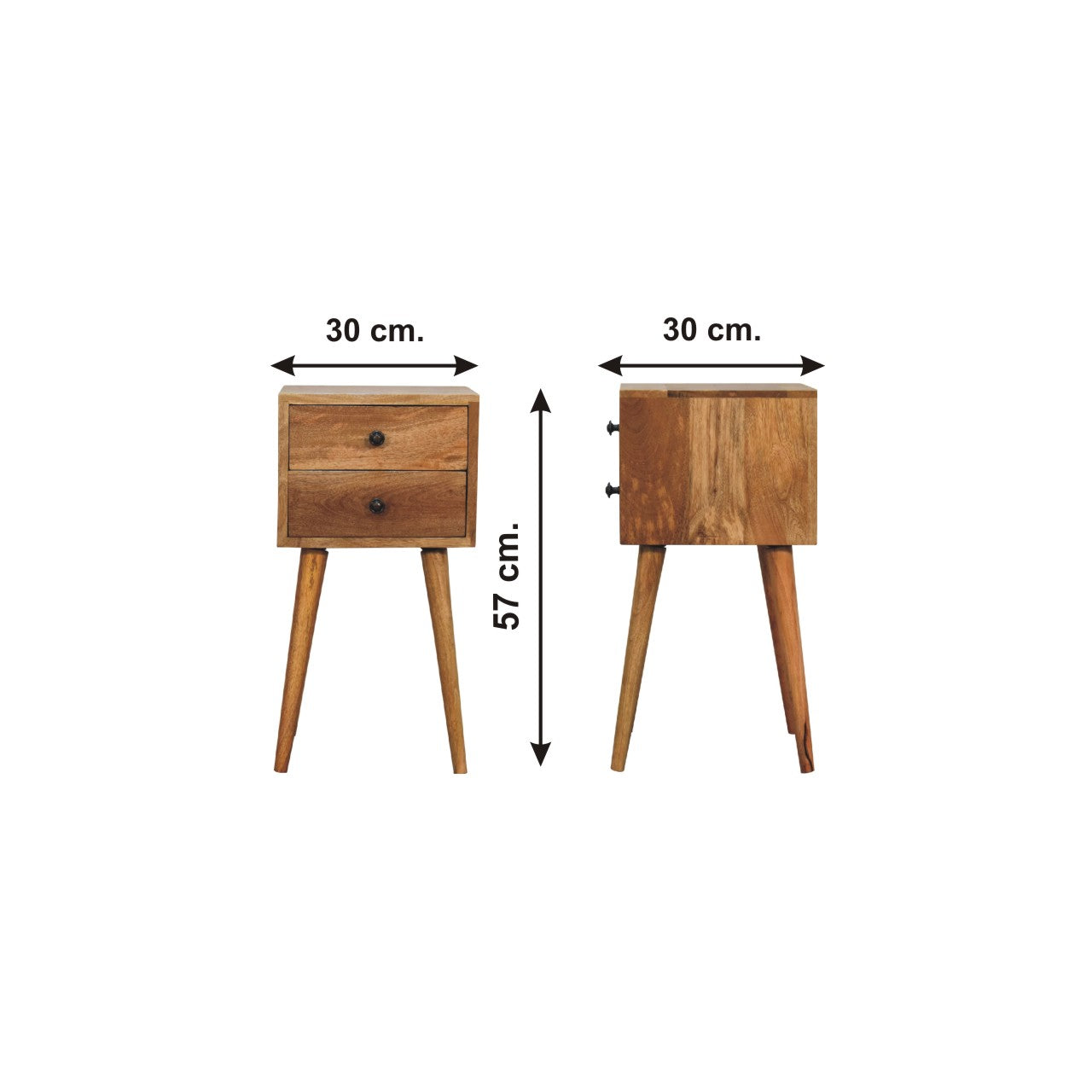 Joel handmade solid wood narrow bedside table with 2 drawers in natural finish