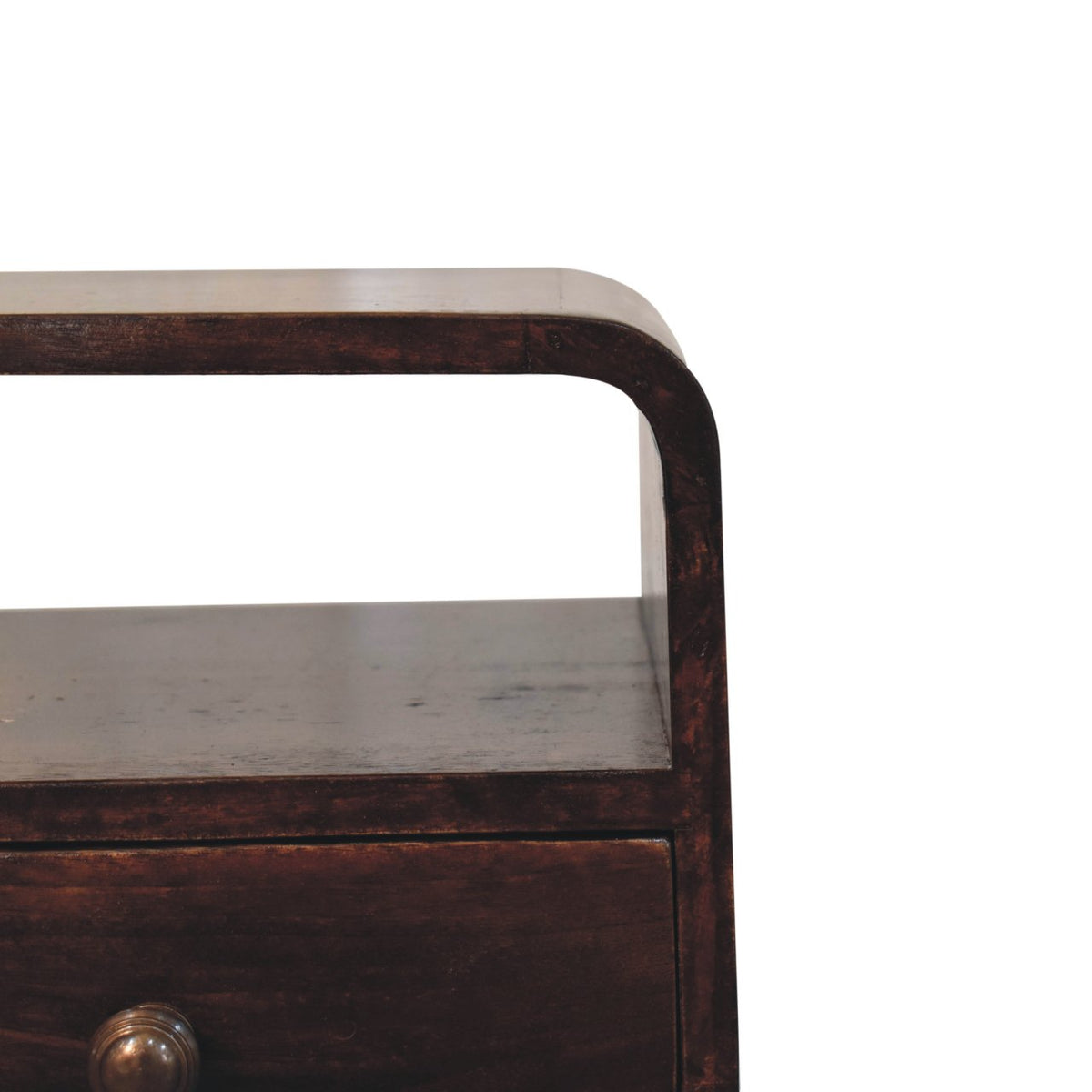 Mini California 30cm Walnut Curved Bedside Table – 1 Drawer & Open Shelf