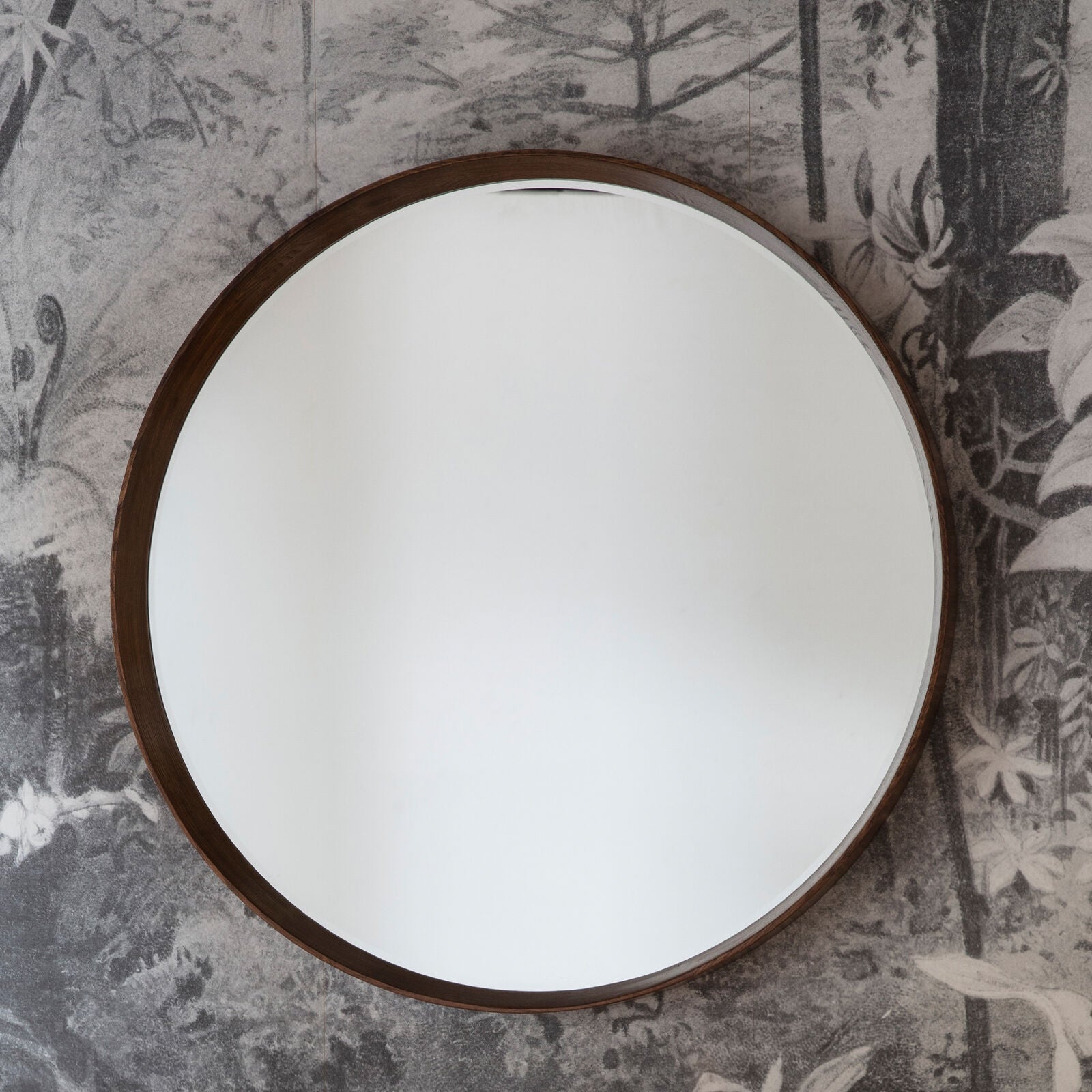 KEATON Large Walnut Round Mirror – Solid Wood Bevelled Frame | malletandplane.com