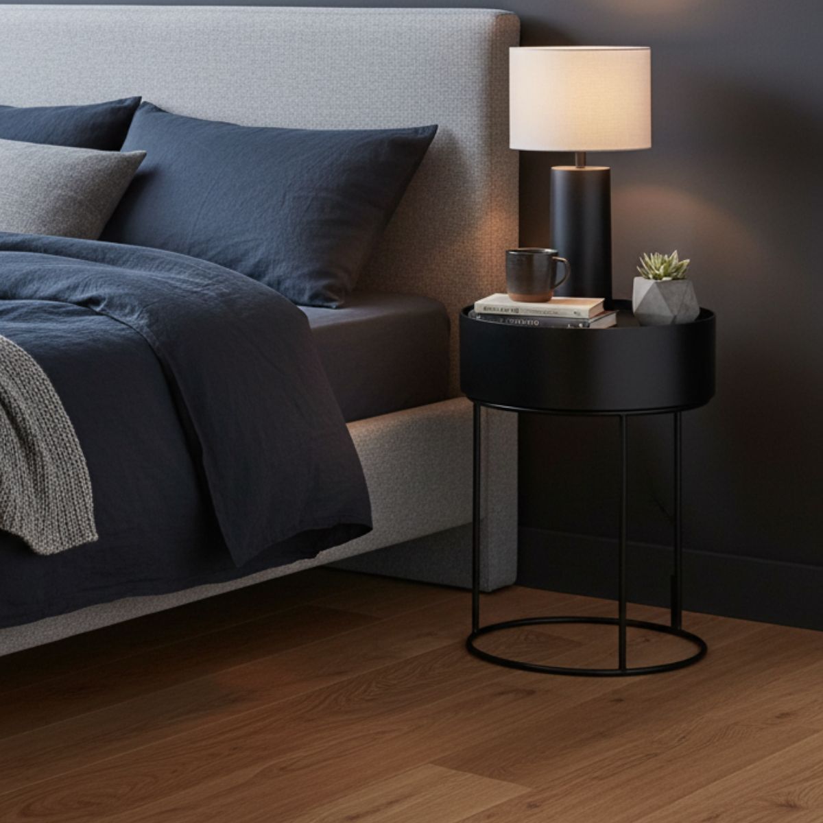 Leif Side Table – Black Wood Veneer & Metal Storage