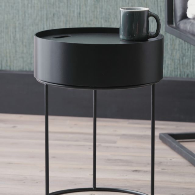 Leif Side Table – Black Wood Veneer & Metal Storage | Mallet & Plane