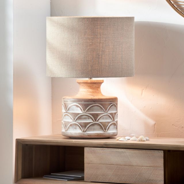 LEIF Carved Mango Wood Table Lamp – White Wash, 40cm Linen Shade | malletandplane.com