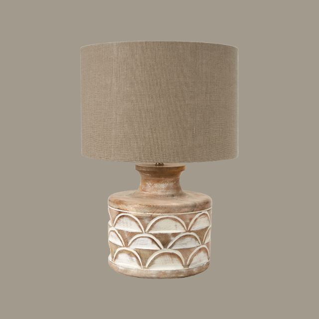 LEIF Carved Mango Wood Table Lamp – White Wash, 40cm Linen Shade | malletandplane.com
