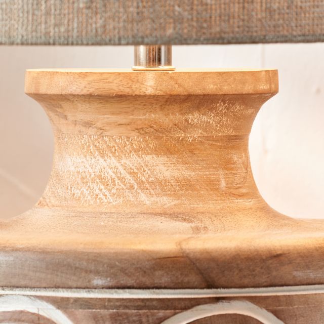 LEIF Carved Mango Wood Table Lamp – White Wash, 40cm Linen Shade | malletandplane.com