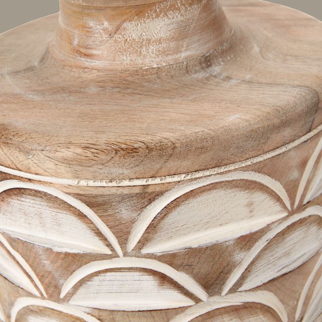 LEIF Carved Mango Wood Table Lamp – White Wash, 40cm Linen Shade | malletandplane.com