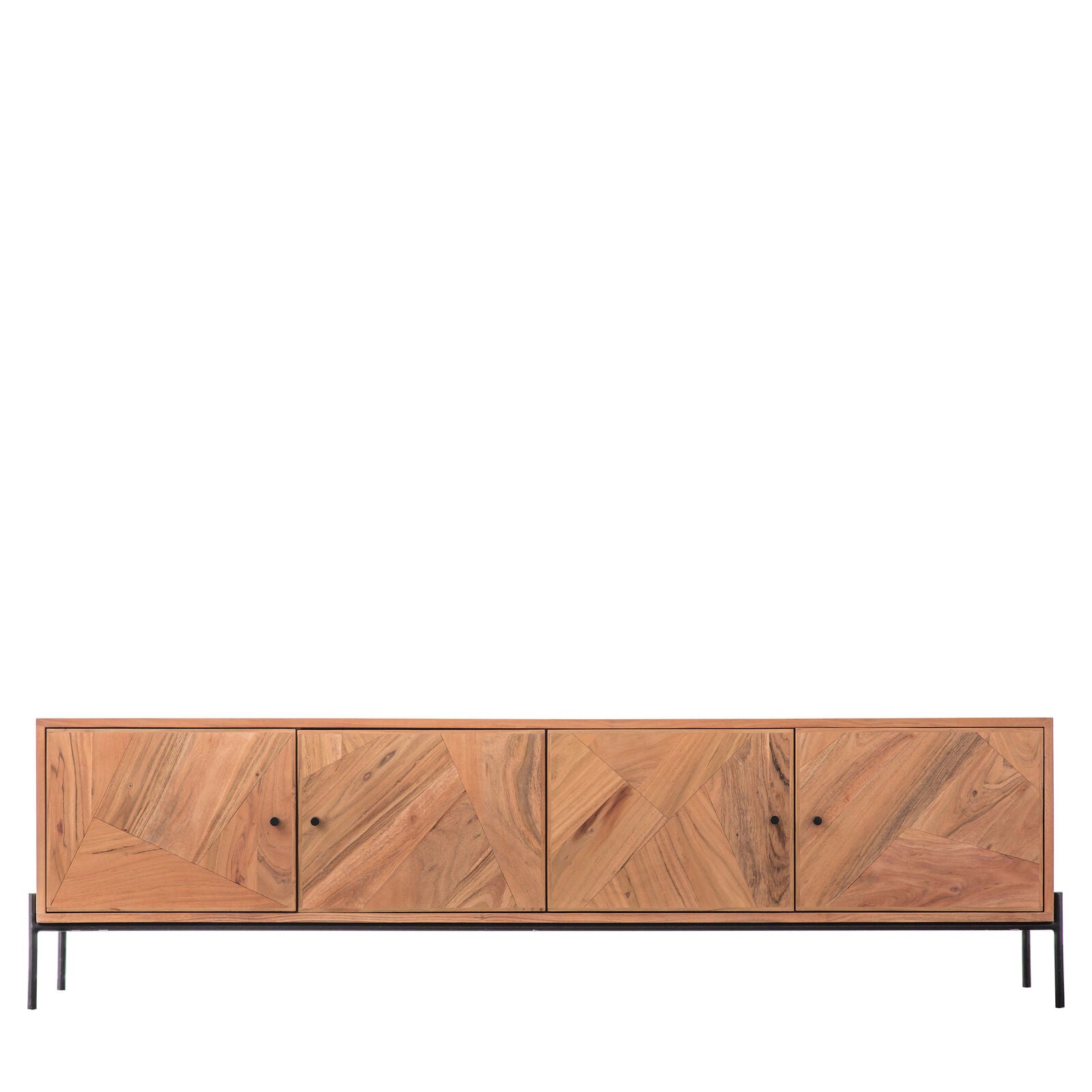 Lunde acacia wood media unit with four doors and black iron legs | malletandplane.com