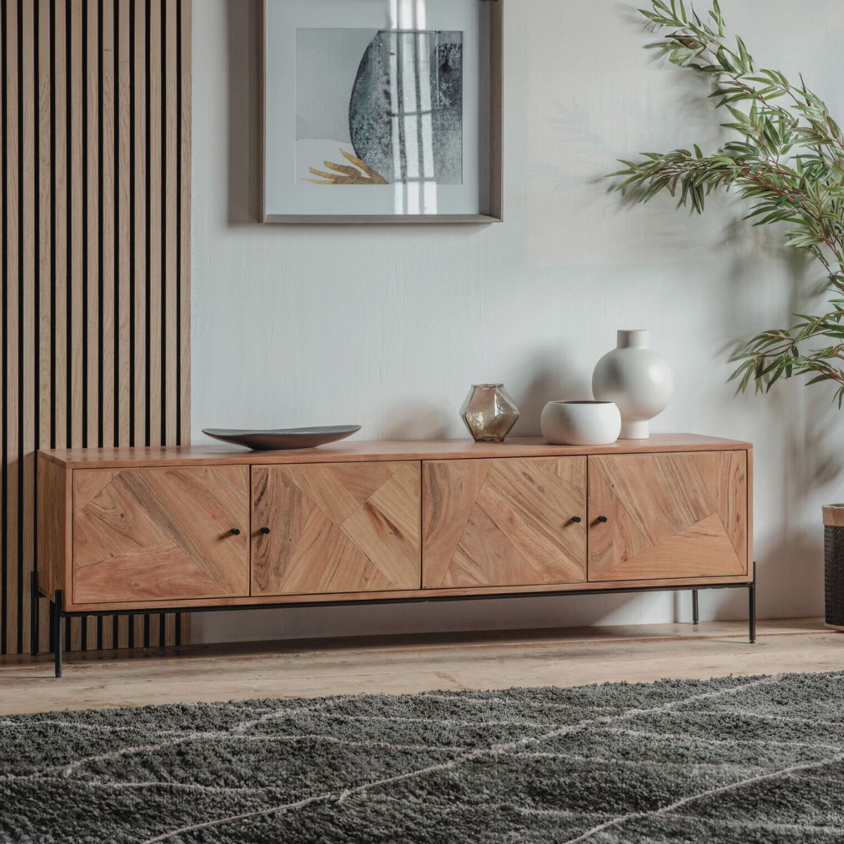 Lunde acacia wood media unit with four doors and black iron legs | malletandplane.com