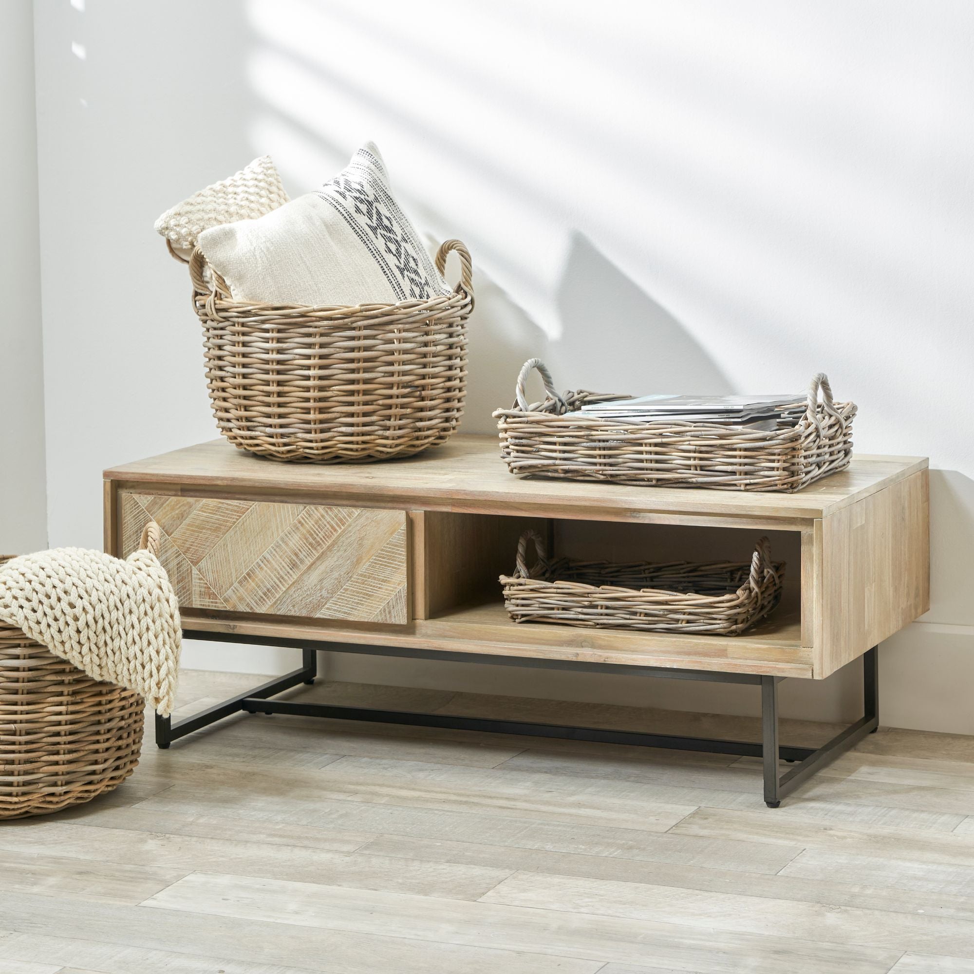 MARCA sand washed acacia wood coffee table with 2 drawers and open slot | malletandplane.com