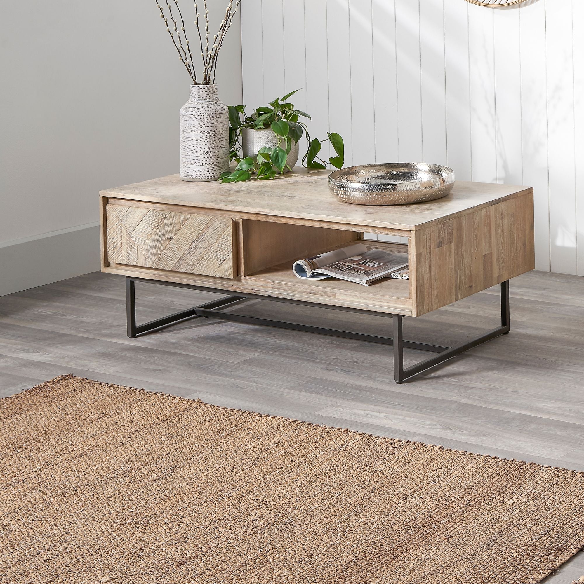 MARCA sand washed acacia wood coffee table with 2 drawers and open slot | malletandplane.com