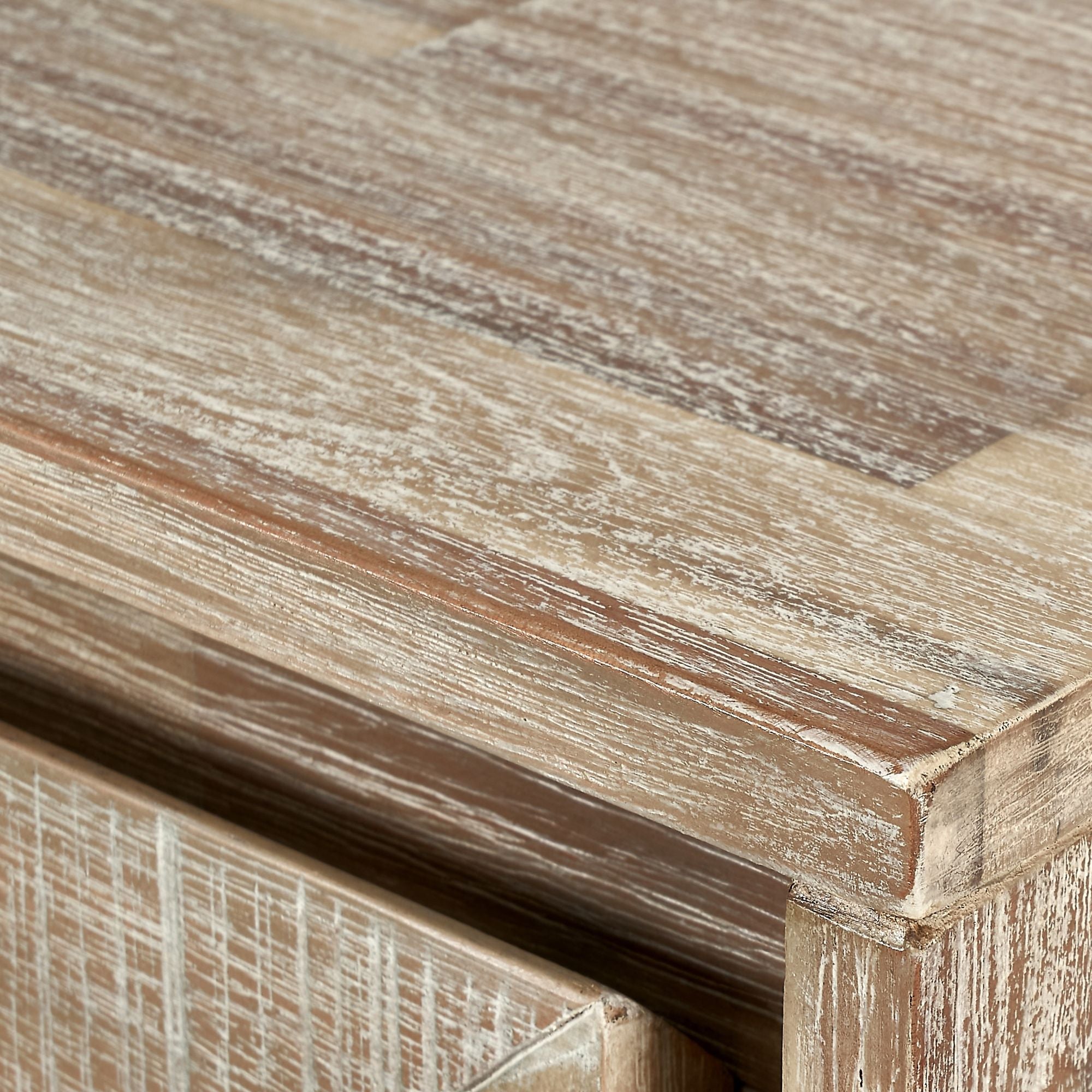 MARCA sand washed acacia wood coffee table with 2 drawers and open slot | malletandplane.com