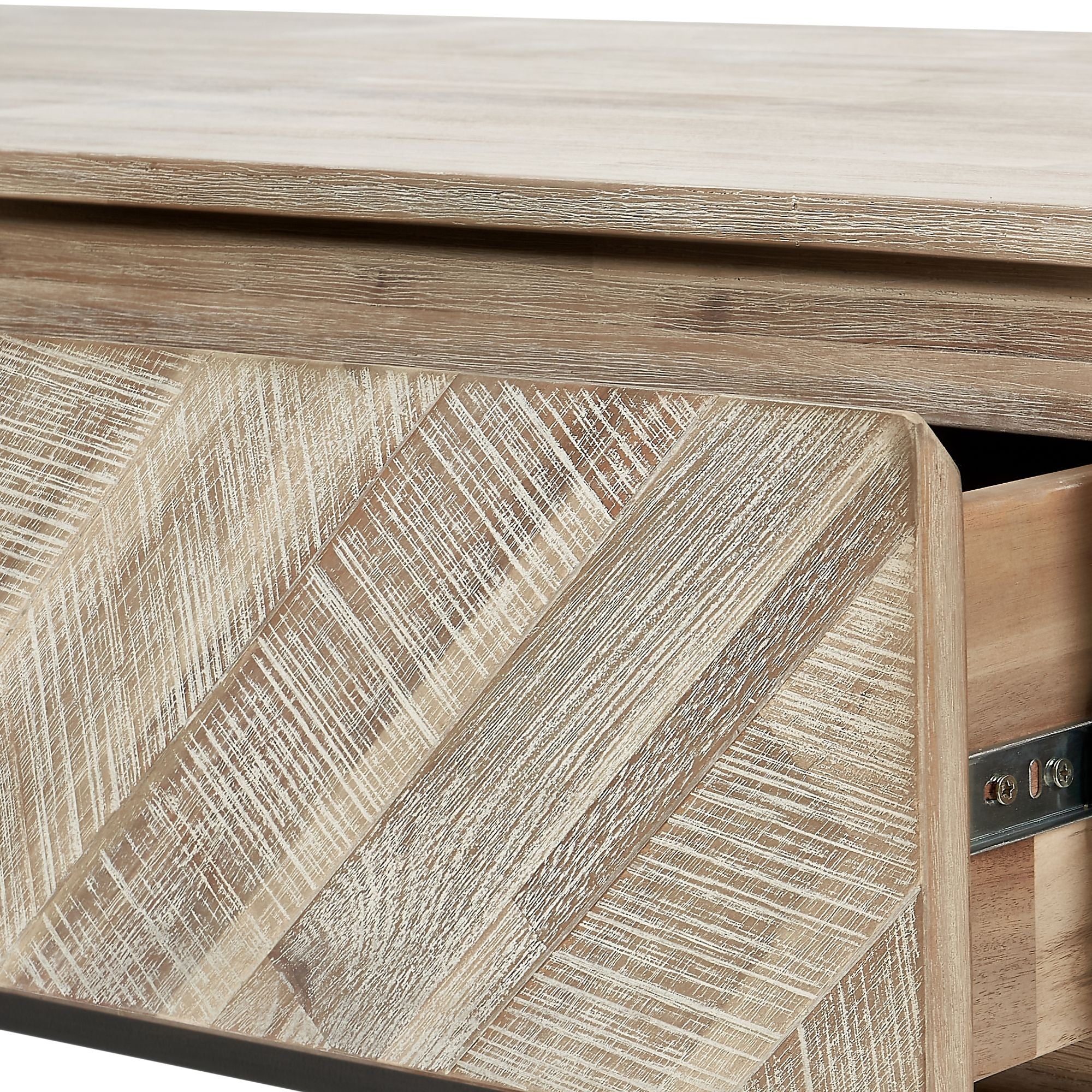 MARCA sand washed acacia wood coffee table with 2 drawers and open slot | malletandplane.com