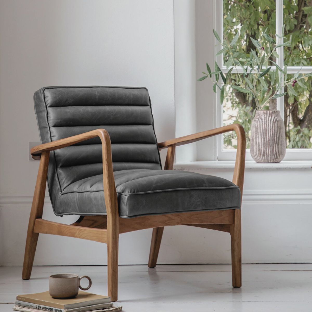Marcus Armchair in top grain ebony leather with a solid oak frame | MalletandPlane.com