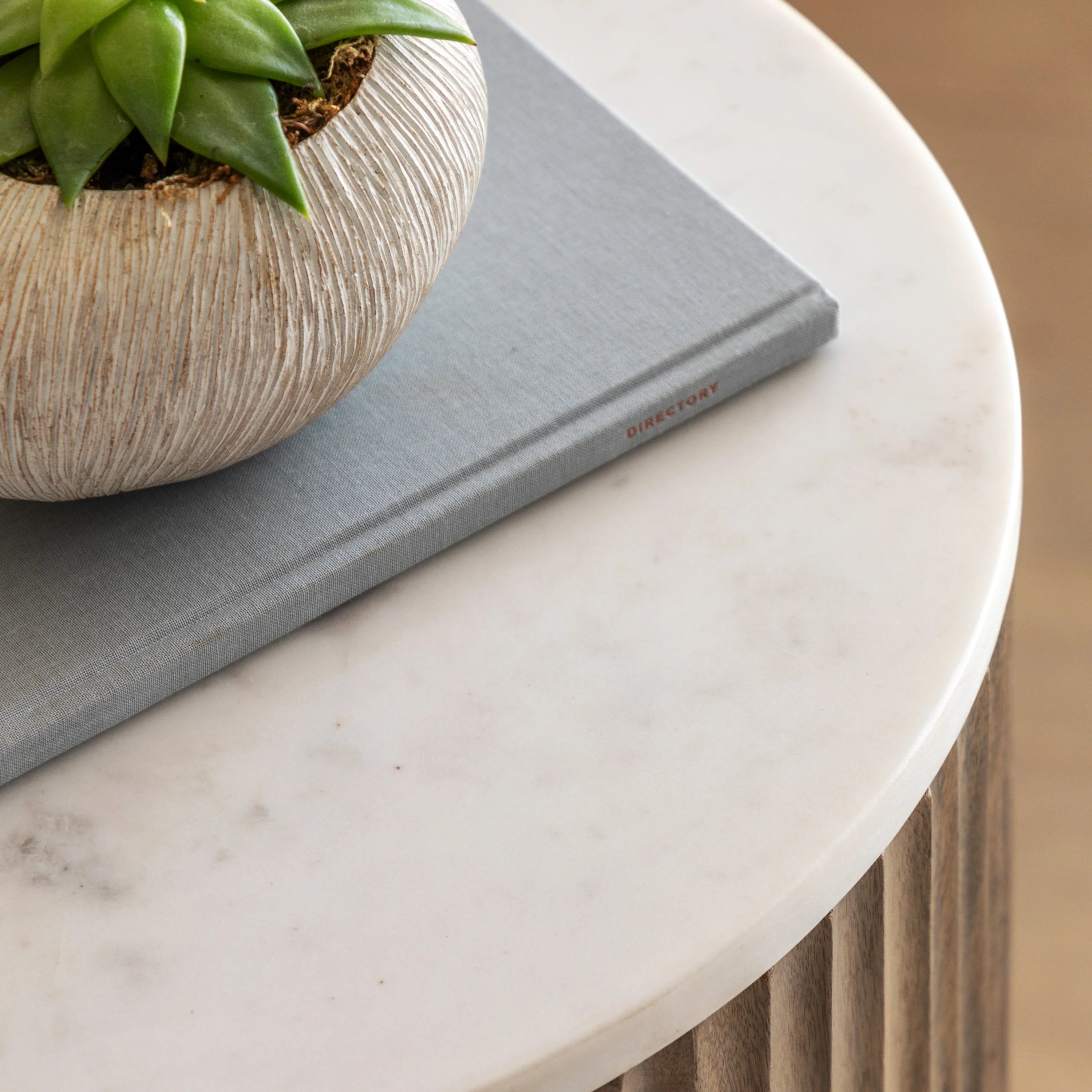 Milo - Round Bedside Table with Marble Top – Wood Drum 40cm